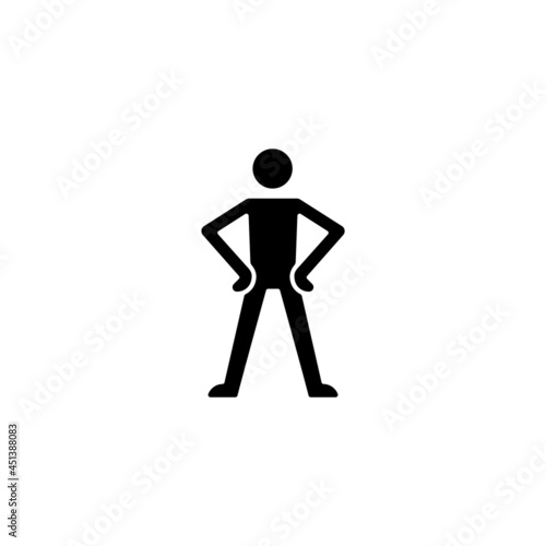 Confidence body language black glyph icon. Standing in confident posture. Expressing assertiveness. Keeping hands visible. Silhouette symbol on white space. Vector isolated illustration
