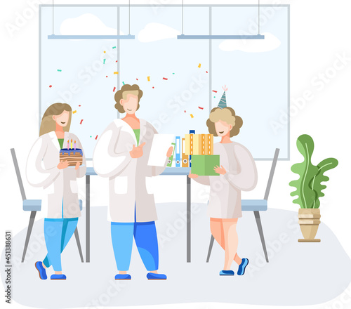 Birthday party in hospital, fun entertainment in medical office. Doctors organize holiday congratulate colleague. Interaction, entertainment at workplace. Team of medics giving gifts and cake to nurse