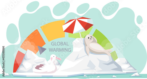 Scale with indicator of global warming on planet Earth. Earth temperature rise and glacier melting. Polar bird and seal are sitting on melting ice during global warming. Animals suffering from heat