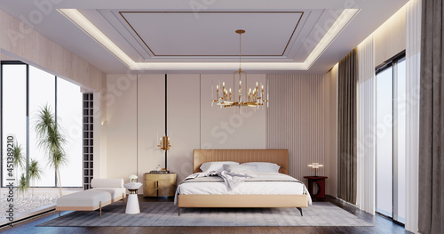 3d rendering,3d illustration, Interior Scene and Mockup,Bedroom with cream-colored walls and wood grains, furniture in the room, light brown and yellow.