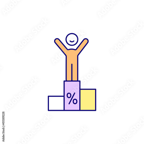 Winner on pedestal RGB color icon. Complete tasks to gain gifts and bonuses. Reward program for customers to get shopping benefits. Isolated vector illustration. Simple filled line drawing
