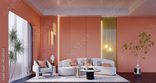 3d rendering,3d illustration, Interior Scene and  Mockup,
Living room with orange walls, white sofas and armchairs, the same color decorations as the walls and the window garden.