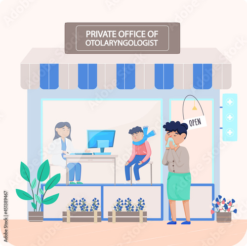 Otolaryngologist doctor with nose, ear and throat or ENT diagnostic and treatment instruments. Otology doctor with patient. Otorhinolaryngology healthcare medicine or otolaryngology diseases