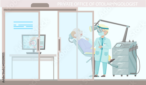 Otolaryngologist doctor with nose, ear and throat or ENT diagnostic and treatment instruments. Otology doctor with patient. Otorhinolaryngology healthcare medicine or otolaryngology diseases