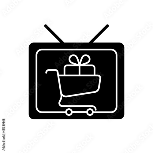 Shopping show black glyph icon. Teleshopping program. Television entertainment series. Movie about shopaholic. TV show about shoppers. Silhouette symbol on white space. Vector isolated illustration
