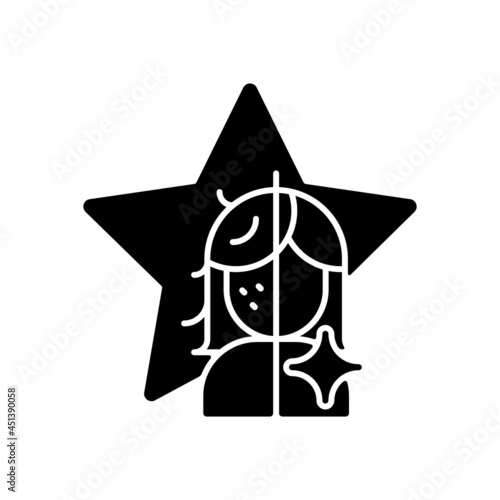 Transformation show black glyph icon. Beauty makeover for women on television entertainment program. Styling girls with makeup. Silhouette symbol on white space. Vector isolated illustration