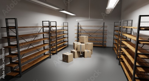 Warehouse with pile stacked cardboard boxes and empty racks. Storage room interior with goods, cargo or parcels and wooden shelves on metal base. Storehouse in store, garage or market, 3d render