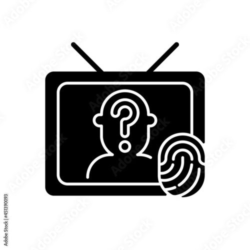 Online investigation show black glyph icon. True crime series. Suspense and thriller cinema genre on TV channel. Criminal mystery. Silhouette symbol on white space. Vector isolated illustration