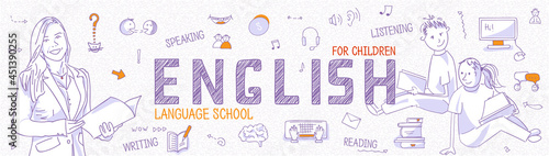 Horizontal Internet banner for Children's Language School or course. Teach and learn English. Blue outline icons, symbols, signs on white background. Line art illustration in panoramic view, vector