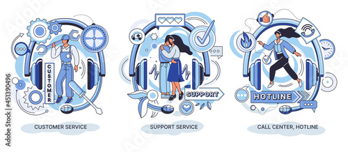 Customer support call center. Personal assistant service, person advisor hotline and helpful advice service. Support creative metaphors. Social media network services, online supporter agents