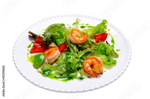 salad with shrimp and herbs on a white background