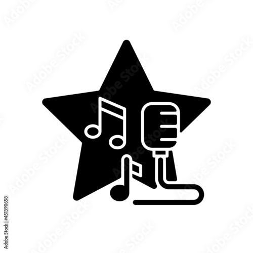 Open microphone shows black glyph icon. Stand up comedy. Music competition. Karaoke night. Talent show. Fun event and entertainment. Silhouette symbol on white space. Vector isolated illustration