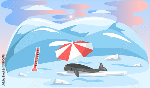 Whale lies under umbrella and escape from climate change and global warming. Animal during global warming concept. Whale suffers from heat, increase in planet temperature, melting of glaciers
