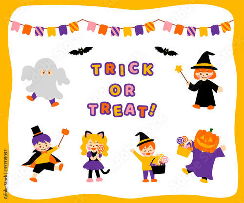 ハロウィンと仮装する子どもたちのイラストセット