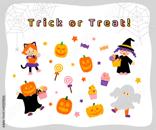 ハロウィンと仮装する子どもたちのイラストセット