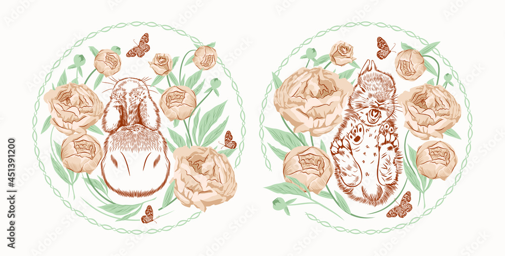 Little sleeping bunnies in a peony garden among the buds in round compositions