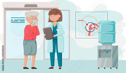 Otolaryngologist doctor with nose, ear and throat or ENT diagnostic and treatment instruments. Otology doctor with patient. Otorhinolaryngology healthcare medicine or otolaryngology diseases