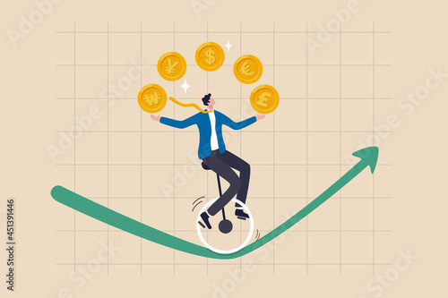 Forex, foreign exchange trading, invest in currency price or country economic speculation concept, businessman expert juggling money currency coins, dollar, euro, pound, japan yen and Korean won.