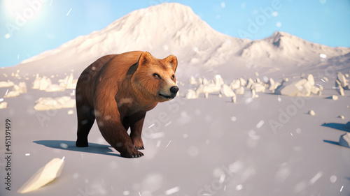 Grizzlie Bear walking on ice mountain with sun.3D animation and rendering cartoon concept.