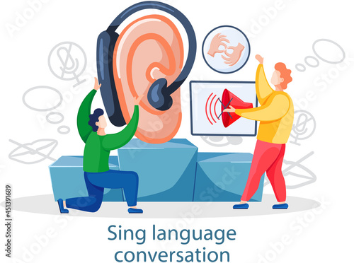 Learning sign finger hand language online. Sign language conversation, modern teaching method. Webinar, language training group education via internet. Students receive knowledge remotely on course