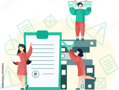 Creative concept of education. Student with laptop stands near stack of books. Back to school. Learning process. Business people communicate at meeting, folders with documents, clipboard in office