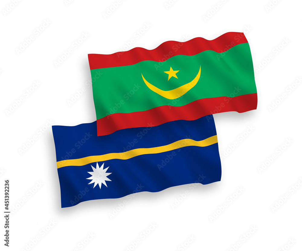 Flags of Republic of Nauru and Islamic Republic of Mauritania on a white background