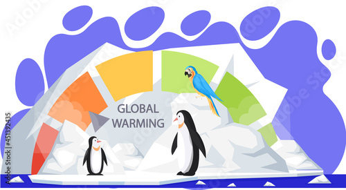 Penguins and parrot during melting glaciers. Polar animals on ice floe asking for help. Polar birds on background of scale with indicator of global warming. Melting glaciers due to climate change
