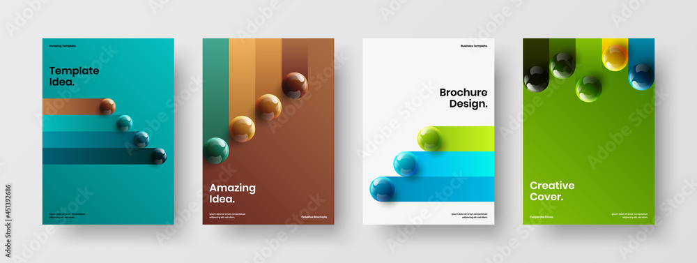 Modern realistic spheres booklet illustration bundle. Creative company identity A4 design vector concept composition.