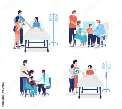 Family medicine semi flat color vector characters set. Full body people on white. Going with family to doctor appointment isolated modern cartoon style illustration for graphic design and animation