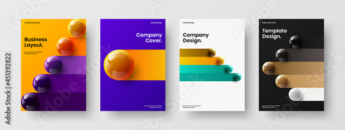 Clean book cover A4 design vector template collection. Isolated 3D spheres placard layout composition.