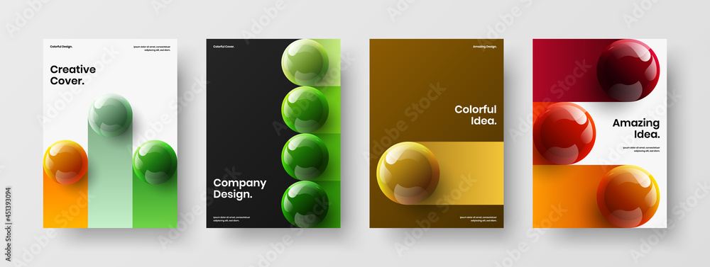 Abstract poster A4 design vector concept composition. Premium realistic spheres catalog cover layout set.