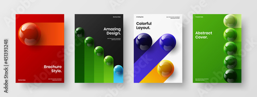 Unique pamphlet A4 design vector illustration bundle. Vivid 3D balls company identity concept composition.