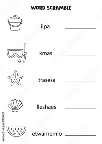 Puzzle for kids. Word scramble for children. Black and white summer elements.