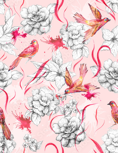 Photography Bright trendy beautiful modern watercolor pattern design with red birds and flower rose pencil drawing silhouettes on pink background