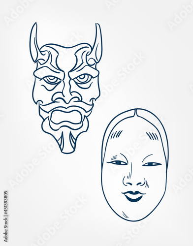 oni samurai mask set vector line art sketch japanese design isolated