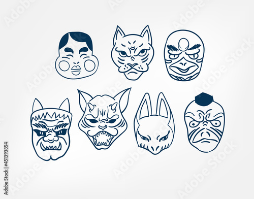 oni samurai mask set vector line art sketch japanese design isolated