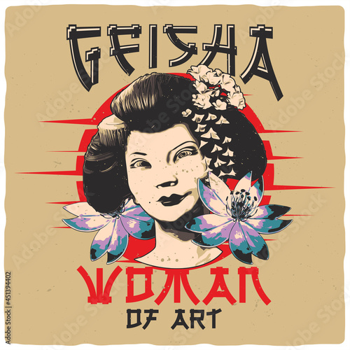 T-shirt or poster design with illustration of geisha