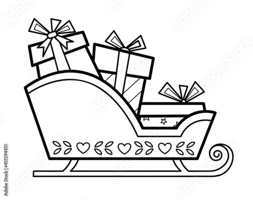 Christmas coloring book or page for kids. Christmas sled black and white vector illustration