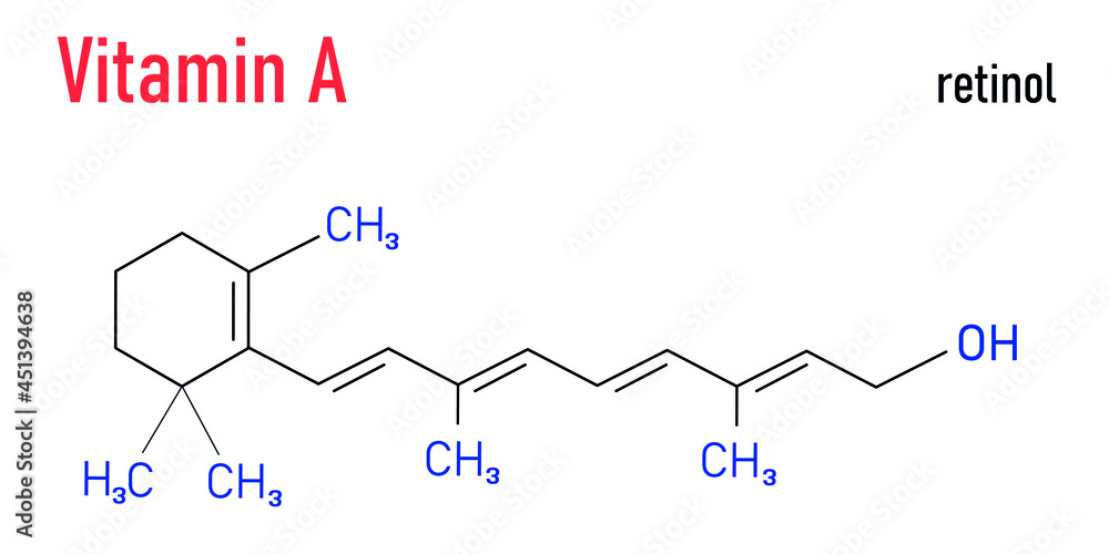 Vitamin A (retinol) molecule. Skeletal formula. Vitamin A (retinol) molecule. Skeletal formula.