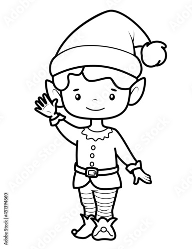 Christmas coloring book or page for kids. Christmas elf black and white vector illustration