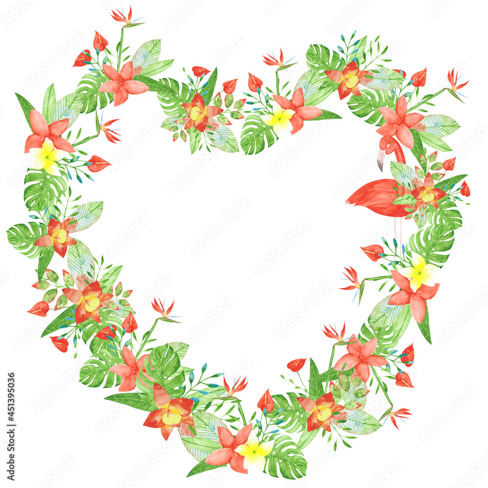 Fototapeta premium Exotic flowers frame in heard shape on a white background. Tropical romantic template. Bird of paradise, mallow, orchid, monstera, flamingo frame. Watercolor exotic wreath illustration. Paradise print