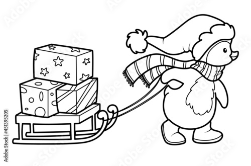 Christmas coloring book or page for kids. Christmas penguin black and white vector illustration
