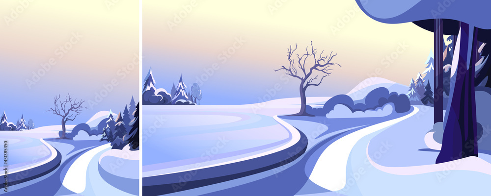 Naklejka premium Winter public park. Nature landscape in vertical and horizontal orientation.