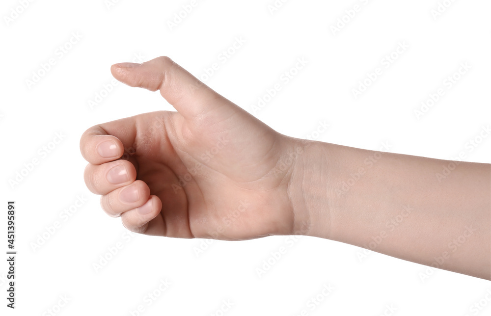 Woman holding something against white background, closeup Woman holding something against white background, closeup