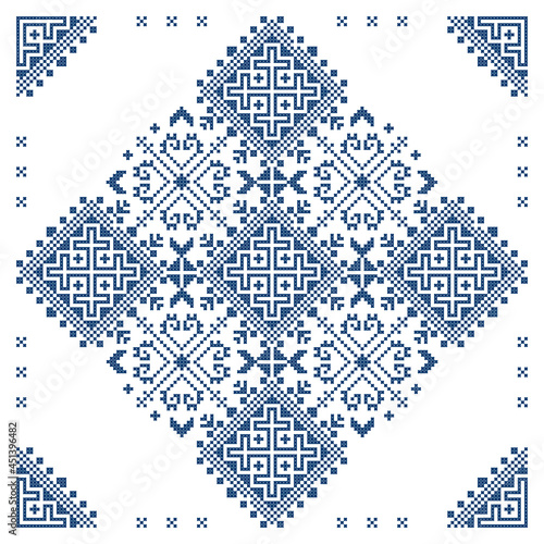 Bosnia and Herzegovina embroidery style vector pattern in square with corners, greeting card styled as Zmijanjski vez traditional ornament
 photo