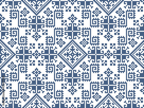 Zmijanjski vez embroidery style vector seamless pattern - textile or fabric print ispired by cross-stitch folk art designs from Bosnia and Herzegovina 
