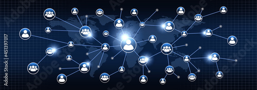 ネットワークと世界地図、ソーシャルメディアネットワークのイメージ