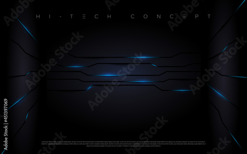 Abstract futuristic circuit board lights moving on dark black room wall for poster, website and design concepts. Vector illustration eps 10.