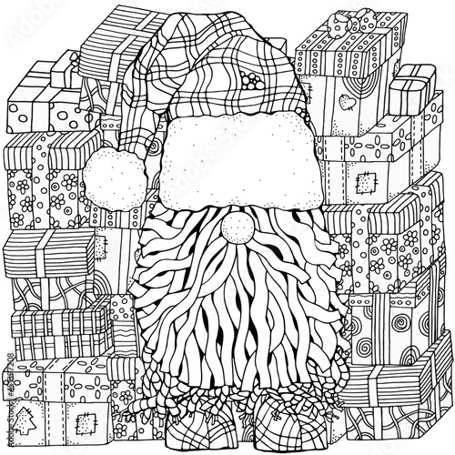 Fancy Santa with Christmas gifts. Merry Christmas. Pattern for coloring book. Black and white. Zentangle.