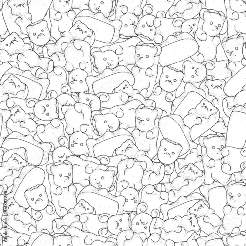 Seamless pattern with gummy bears. Adult coloring book page with shiny jelly bears. Black and white vector illustration.